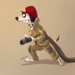  1:1 2018 absurd_res anthro barefoot black_spots brown_background canid canine canis clothed clothing dalmatian domestic_dog dripping fully_clothed fur hat headgear headwear hi_res holding_object hose light lighting mammal pointedfox side_view simple_background solo spots spotted_body spotted_fur standing water white_body white_fur 