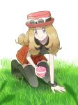  1girl 3do3ga3 arm_support black_shirt brown_hair collarbone creatures_(company) eyewear_on_head game_freak grass grey_eyes grey_legwear hat kneeling long_hair looking_at_viewer miniskirt nintendo pink_hat pleated_skirt pokemon pokemon_(game) pokemon_xy red_skirt serena_(pokemon) shirt skirt sleeveless sleeveless_shirt smile solo sunglasses thighhighs white_background zettai_ryouiki 