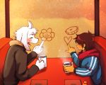  &lt;3 5_fingers ambiguous_gender asriel_dreemurr beverage blush brother brown_hair chokaso4086 clothed clothing cup deltarune drawing duo food fur hair happy horn hot_chocolate human jacket kris_(deltarune) laugh male mammal pie scarf sibling sitting smile smiley_face snow table undertale video_games white_fur window winter 