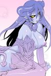  &lt;3 armor astaroth big_breasts black_sclera blue_hair blue_skin blush breasts ear_piercing female hair horn long_hair looking_at_viewer nipples piercing pointy_ears shinra_bansho shinrabanshou solo spade_tail succubus unconvincing_armor utamaro yellow_eyes 