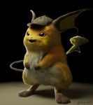  3d black_background brown_eyes commentary creature detective_pikachu detective_pikachu_(movie) english_commentary full_body gen_1_pokemon hat highres mcgmark multiple_sources no_humans open_mouth pokemon pokemon_(creature) raichu realistic shadow simple_background smile solo standing 