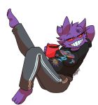  absurd_res bedroom_eyes belly beverage clothing coffee cup feet female fur gengar hair hand_behind_head hi_res narrowed_eyes nintendo nipple_outline olive_(olive1155) pok&eacute;mon pok&eacute;mon_(species) pok&eacute;morph pregnant purple_body purple_fur purple_hair raised_leg red_eyes seductive signature solo video_games 