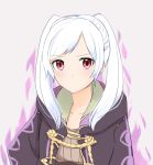  1girl aura dark_aura fire_emblem fire_emblem_awakening grey_background grima_(fire_emblem) highres hood hood_down puni_y_y red_eyes robin_(fire_emblem) robin_(fire_emblem)_(female) simple_background solo twintails upper_body white_hair 