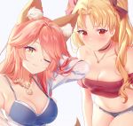  2girls animal_ear_fluff animal_ears bangs bare_shoulders blonde_hair blush bow breasts cleavage closed_mouth commentary commission crop_top english_commentary ereshkigal_(fate/grand_order) eyebrows_visible_through_hair fate/grand_order fate_(series) fox_ears hair_bow jewelry large_breasts long_hair looking_at_viewer medium_breasts midriff multiple_girls navel necklace off-shoulder_shirt off_shoulder one_eye_closed open_clothes open_shirt red_eyes red_shirt rimuu shirt short_shorts shorts simple_background smile tail tamamo_(fate)_(all) tamamo_no_mae_(fate) thighs white_background white_shirt work_in_progress yellow_eyes 