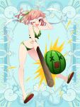 1girl ;d bikini blue_background bracelet breasts food fruit full_body green_bikini hair_ribbon jewelry kerberos_blade l_(matador) looking_at_viewer navel one_eye_closed open_mouth red_eyes ribbon sandals short_hair simple_background small_breasts smile solo standing swimsuit watermelon white_ribbon x_x 