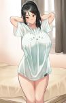  1girl arms_behind_head baggy_clothes banned_artist bed bedroom black_eyes black_hair breasts huge_breasts indoors kkamja legs_together looking_at_viewer medium_hair naked_shirt original pajamas_challenge ponytail see-through shirt solo standing t-shirt 