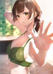  1girl arm_up bare_arms bare_shoulders blurry bra breasts brown_hair cleavage depth_of_field green_bra green_eyes highres large_breasts long_hair looking_at_viewer low_ponytail open_mouth original solo takeashiro underwear underwear_only upper_body 
