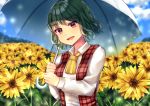  1girl arms_up blue_sky cloud commentary_request cravat day eyebrows_visible_through_hair field flower flower_field garden_of_the_sun green_hair head_tilt holding holding_umbrella kazami_yuuka leaf light_particles long_sleeves looking_at_viewer maitacoco open_clothes open_mouth open_vest outdoors plaid plaid_vest red_eyes shirt short_hair sky solo standing sunflower touhou umbrella upper_body vest white_shirt yellow_neckwear 