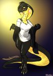  2020 anthro black_body black_hair black_scales black_sclera bottomless breasts clothed clothing deiser digitigrade female hair halcy0n hi_res red_eyes reptile scales scalie shirt simple_background smile snake solo standing topwear transformation 