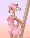  2020 absurd_res anthro black_body black_fur brown_body brown_fur cervid clothed clothing female flat_chested fur hi_res loimu loimu_(character) looking_at_viewer mammal midriff multicolored_body multicolored_fur overalls pink_eyes solo young 