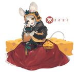  1girl :d animal animal_ears bag blush cheese food grey_hair handbag hat looking_at_viewer lunch_(lunchicken) mittens mouse mouse_ears mouse_tail open_mouth original short_hair simple_background skirt smile solo tail white_background yellow_eyes 