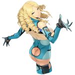  1girl ass bangs blonde_hair blue_eyes cropped_legs drill_hair gloves holster long_hair looking_back official_art parted_bangs parted_lips simple_background solo super_robot_wars super_robot_wars_x-omega watanabe_wataru white_background 