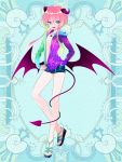  androgynous blue_background blue_eyes demon_tail full_body gradient_hair hand_in_pocket horns jewelry kerberos_blade l_(matador) looking_at_viewer multicolored_hair necklace pink_hair sandals short_shorts shorts sidelocks simple_background smile solo standing star star_print tail unzipping wings 