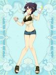  1girl black_hair blue_background blue_shorts bracelet breasts cleavage coin_purse cup disposable_cup fish_hair_ornament full_body hair_ornament jewelry kerberos_blade knees_together_feet_apart l_(matador) licking_lips looking_at_viewer midriff pink_nails red_eyes sandals see-through shaved_ice short_shorts shorts simple_background small_breasts smile solo standing star star_hair_ornament tongue tongue_out 