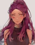  1girl dark_skin earrings facial_mark fire_emblem fire_emblem:_three_houses grey_background jewelry kvlen long_hair parted_lips petra_macneary ponytail purple_hair simple_background solo upper_body 