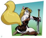  accessory animaniacs anthro armor blonde_hair boots butt clothing cosplay crossover crossover_cosplay eyeshadow female footwear fur hair hair_accessory hairband hi_res leather leather_armor liefeldianabomination makeup mammal melee_weapon minerva_mink mink mustelid musteline rear_view sword warner_brothers weapon white_body white_fur xena_warrior_princess 