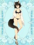  1girl animal_ear_fluff animal_ears bikini black_bikini black_hair blue_background breasts cleavage full_body kerberos_blade l_(matador) looking_at_viewer medium_breasts navel sandals simple_background solo standing swimsuit tail wolf_ears wolf_tail yellow_eyes 