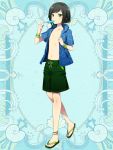  1girl anklet black_hair blue_background blue_shirt eating food full_body green_eyes green_footwear jewelry kerberos_blade l_(matador) looking_at_viewer male_focus male_swimwear navel open_clothes open_shirt popsicle sandals shirt simple_background solo standing swim_trunks swimwear wristband 