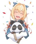  1girl animal_costume bare_shoulders blonde_hair carrying closed_eyes confetti dark_skin elf eyebrows_visible_through_hair hair_ornament highres hololive kintsuba_(flare_channel) open_mouth panda_costume pointy_ears shiranui_flare shoulder_cutout tongue uchukurage_san upper_body upper_teeth virtual_youtuber white_background 