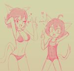  &lt;3 2019 anthro bikini breasts clothed clothing dialogue digital_media_(artwork) domestic_cat duo fangs felid feline felis female flat_chested hair hi_res jessie-katcat_(artist) looking_at_viewer mammal monochrome one_eye_closed open_mouth short_hair simple_background sketch smile standing swimwear wink young 