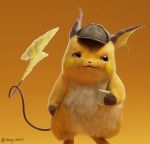  3d brown_eyes commentary creature cup detective_pikachu detective_pikachu_(movie) english_commentary feet_out_of_frame gen_1_pokemon hat holding holding_cup looking_away looking_to_the_side mcgmark mug multiple_sources no_humans orange_background pokemon pokemon_(creature) raichu realistic simple_background solo standing 