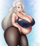  1girl areola_slip areolae belly big_belly blue_eyes blush bra breasts coffeeslice hat highres huge_breasts lactation lactation_through_clothes lips long_hair mature melon_(pokemon) pantyhose pokemon pokemon_(game) pokemon_swsh pregnant thick_thighs thighs underwear white_hair wide_hips 