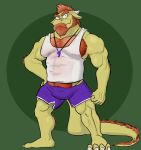  anthro beard belly_hair body_hair bottomwear chest_hair clothing coach dragon facial_hair hair hairy hi_res horn kenzo kenzo_(spikysketches) looking_at_viewer male mustache pubes red_hair shirt shorts smile smirk spikysketches tank_top topwear yellow_body 