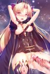  1boy 1girl armpits arms_behind_head arms_up belt blonde_hair blush breasts censored commentary_request crown cum cum_in_pussy cum_on_body cum_on_breasts cum_on_clothes cum_on_upper_body cumdrip ereshkigal_(fate/grand_order) fate/grand_order fate_(series) fur_trim heart heart-shaped_pupils highres long_hair mosaic_censoring open_mouth penis red_eyes round_teeth sex silly_(marinkomoe) sky star_(sky) starry_sky symbol-shaped_pupils tearing_up teeth 