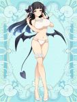 1girl black_bow black_hair black_wings blue_background blue_eyes bow breasts curled_horns demon_tail earrings full_body hair_bow hands_up jewelry kerberos_blade l_(matador) long_hair looking_at_viewer navel panties red_bow scrunchie simple_background solo standing tail thigh_scrunchie underboob underwear white_panties white_scrunchie wings wrist_bow 