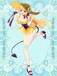  1girl :d blonde_hair blue_background bow breasts cleavage curled_horns demon_tail full_body hand_on_headwear hat high_heels kerberos_blade l_(matador) large_breasts looking_at_viewer open_mouth orange_bow purple_eyes purple_ribbon ribbon sidelocks simple_background skirt smile solo standing standing_on_one_leg striped striped_bow sun_hat tail wrist_ribbon yellow_headwear yellow_skirt 