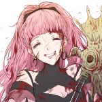  1girl axe blood blood_on_face bloody_clothes bloody_weapon breasts cleavage closed_eyes commentary earrings fire_emblem fire_emblem:_three_houses grin hilda_valentine_goneril ichii_k injury jewelry long_hair pink_hair ponytail simple_background smile solo tearing_up upper_body weapon white_background 