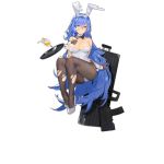  1girl alternate_costume animal_ears assault_rifle bare_shoulders blue_hair bow bowtie breast_suppress breasts brown_gloves brown_legwear bullpup bunny_ears bunnysuit cleavage closed_mouth detached_collar fake_animal_ears frown full_body girls_frontline gloves gun gun_case hair_between_eyes hairband half_gloves high_heels kishiyo large_breasts leotard long_hair official_art pantyhose rifle solo tar-21_(girls_frontline) torn_clothes torn_legwear transparent_background tray very_long_hair weapon wrist_cuffs yellow_eyes 