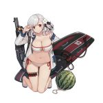  1girl alternate_costume ass_visible_through_thighs bangs bare_shoulders bikini black_ribbon blush braid breasts cleavage collarbone eyebrows_visible_through_hair flower food fruit girls_frontline gun hair_flower hair_ornament hair_ribbon hand_up head_tilt holding_surfboard jacket keychain kneeling large_breasts long_hair long_sleeves looking_at_viewer navel official_art open_clothes open_jacket red_eyes ribbon sandals shotgun shotgun_shells shotgun_speed_loader side-tie_bikini silver_hair skindentation smile solo spas-12 spas-12_(girls_frontline) stomach strap swimsuit terras thighs transparent_background twintails watermelon wavy_hair weapon 