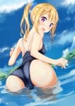  1girl ass bangs blonde_hair blue_scrunchie blue_sky blue_swimsuit blush hair_ornament hair_scrunchie high_ponytail highres long_hair looking_at_viewer looking_back miyuki_(yxbt7) open_mouth original purple_eyes school_swimsuit scrunchie shiny shiny_hair shoulder_blades sky solo swimsuit water 