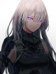  1girl ak-15_(girls_frontline) armor bangs bare_shoulders braid breasts closed_mouth eyebrows_visible_through_hair gas_mask girls_frontline glowing glowing_eyes hair_over_one_eye headset long_hair looking_at_viewer medium_breasts purple_eyes shoulder_guard silence_girl silver_hair simple_background sleeveless solo upper_body white_background 