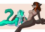  2020 absurd_res anthro auya black_nose blue_eyes breasts brown_hair canid canine canis chest_tuft claws digital_media_(artwork) domestic_cat duo felid feline felis foreskin_play foreskin_pull fur genitals green_body green_eyes green_fur green_hair grey_body grey_fur grin gynomorph gynomorph/male hair hand_on_penis hi_res highlights_(coloring) humanoid_penis intersex intersex/male katfishcom lying male mammal mane neck_tuft nipples nude on_front orange_highlights penis pink_nose reclining simple_background smile tuft uncut vramho wolf 