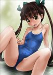  1girl black_hair blue_swimsuit brown_eyes commentary_request competition_school_swimsuit feet_out_of_frame flat_chest highres long_hair looking_at_viewer open_mouth original rohitsuka school_swimsuit solo spread_legs swimsuit tile_floor tiles twintails wet wet_clothes wet_swimsuit 