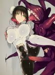  1girl against_wall black_hair bodysuit breasts bun_cover censored covered_navel covered_nipples double_bun fate/grand_order fate_(series) fingerless_gloves gloves green_eyes i_411ii lahmu large_breasts leg_up long_tongue monster penis qin_liangyu_(fate) teeth tongue tongue_out vaginal 