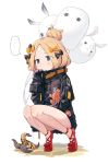  1girl abigail_williams_(fate/grand_order) bandaid_on_forehead bangs black_bow black_jacket blonde_hair blue_eyes bow crossed_bandaids fate/grand_order fate_(series) forehead hair_bow hair_bun heroic_spirit_traveling_outfit high_collar highres holding_balloon jacket kylin long_hair long_sleeves looking_at_viewer multiple_hair_bows orange_belt orange_bow parted_bangs polka_dot polka_dot_bow red_footwear sleeves_past_fingers sleeves_past_wrists solo squatting stuffed_animal stuffed_toy teddy_bear 