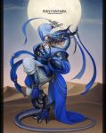  blue_eyes copyright_name desert detached_sleeves full_body holding holding_weapon lizardman long_sleeves moon no_humans outdoors pixiv_fantasia_age_of_starlight scimitar solo standing standing_on_one_leg sword ujuju veil weapon 