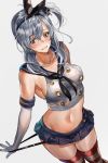  1girl amakaze blue_eyes blush cosplay eyebrows_visible_through_hair grey_background hair_between_eyes highres kantai_collection long_hair one_side_up shimakaze_(kantai_collection) shimakaze_(kantai_collection)_(cosplay) silver_hair simple_background solo suzutsuki_(kantai_collection) 