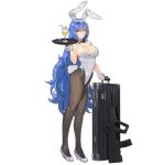  1girl alternate_costume animal_ears assault_rifle bare_shoulders blue_hair bow bowtie breasts brown_gloves brown_legwear bullpup bunny_ears bunny_girl bunny_tail bunnysuit cleavage closed_mouth covered_navel detached_collar fake_animal_ears full_body girls_frontline gloves gun gun_case hairband half_gloves high_heels kishiyo large_breasts leotard long_hair official_art pantyhose rifle smile solo standing tail tar-21_(girls_frontline) transparent_background tray typo very_long_hair weapon wrist_cuffs yellow_eyes 