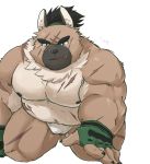  2020 anthro belly brown_body brown_fur bulge canid canine canis cddi_h clothing cute_fangs domestic_dog fur humanoid_hands kemono male mammal overweight overweight_male scar simple_background solo tokyo_afterschool_summoners underwear video_games white_background yasuyori 