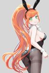  1girl animal_ears ass bangs bare_shoulders breasts bunny_ears bunny_tail bunnysuit character_request danganronpa danganronpa_3 eyebrows_visible_through_hair fake_animal_ears fake_tail from_behind green_eyes grey_background hair_ornament large_breasts long_hair looking_at_viewer orange_hair ponytail red_lips simple_background sketti smile solo tail very_long_hair 