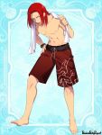  1boy abs barefoot blue_background collarbone copyright_name full_body hand_on_hip l_(matador) male_focus male_swimwear medium_hair navel octopus_print pandora_party_project red_hair simple_background solo swim_trunks swimwear towel watch wristwatch 
