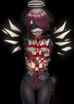  arknights bdsm black_gloves bondage bound energy_wings exusiai_(arknights) gloves glowing glowing_wings goyain hair_over_eyes hair_over_one_eye halo highres jacket jewelry red_hair restrained rope shibari tied_up toe_ring torn_clothes white_jacket wings 