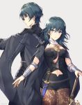  1boy 1girl armor back-to-back black_cape black_shorts blue_eyes blue_hair breasts brown_legwear byleth_(fire_emblem) byleth_(fire_emblem)_(female) byleth_(fire_emblem)_(male) cape closed_mouth commentary_request cowboy_shot eyebrows_visible_through_hair fire_emblem fire_emblem:_three_houses grey_background hair_between_eyes height_difference highres kikugetsu long_hair looking_at_viewer looking_back medium_breasts navel pantyhose parted_lips serious short_shorts shorts shoulder_armor simple_background thigh_gap v-shaped_eyebrows wrist_guards 