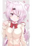  1girl ;3 animal_ear_fluff animal_ears blush bow breasts brown_cardigan cardigan cat_ears closed_mouth collared_shirt dress_shirt grey_background hair_ornament hairclip hand_up kemonomimi_mode kuhotaka long_hair long_sleeves low_ponytail medium_breasts nijisanji one_eye_closed paw_pose pink_hair ponytail purple_eyes red_bow shiina_yuika shirt solo two-tone_background upper_body very_long_hair virtual_youtuber white_background white_shirt 