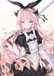  1boy astolfo_(fate) astolfo_(saber)_(fate) bangs black_bow black_gloves black_ribbon blush bow bowtie commentary_request eyebrows_visible_through_hair fang fate/grand_order fate_(series) gloves hair_bow hair_intakes hair_ribbon highres holding long_hair long_sleeves looking_at_viewer multicolored_hair otoko_no_ko pink_hair purple_eyes ribbon skin_fang smile solo streaked_hair twintails verslll white_hair 