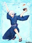  1boy blue_background blue_eyes blue_kimono bowl copyright_name fan fish folding_fan full_body geta goldfish goldfish_scooping japanese_clothes kimono l_(matador) male_focus one_eye_closed pandora_party_project simple_background solo standing water white_hair wide_sleeves 